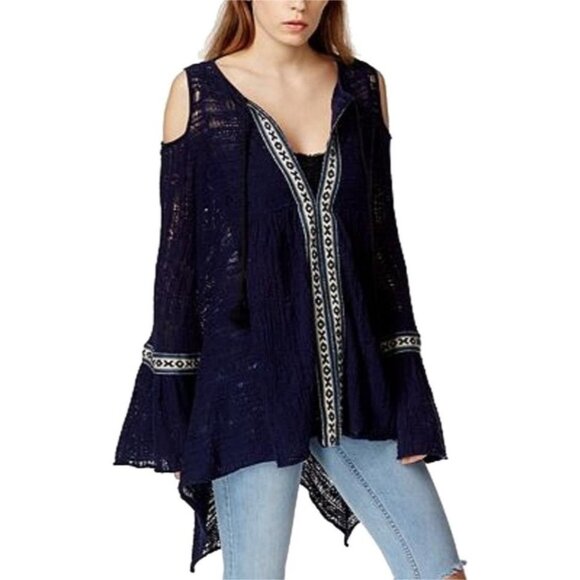Free People Navy Blue Embroidered Bell Sleeve Cold Shoulder Tunic Mini Dress - Picture 13 of 15